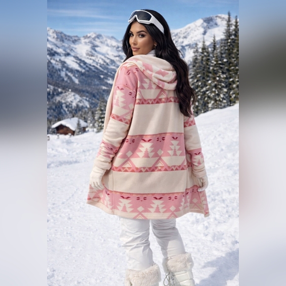 William Jacket Hooded Southwest Aztec Cardigan Pink Cream Cozy Open Front aspen - Picture 3 of 9